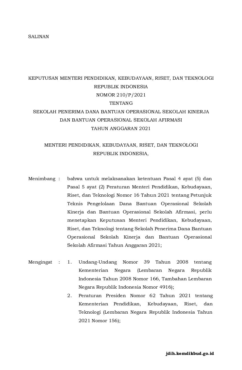 Keputusan Menteri Pendidikan Dan Kebudayaan No 210p2021 Tahun 2021 Tentang Sekolah Penerima 8851