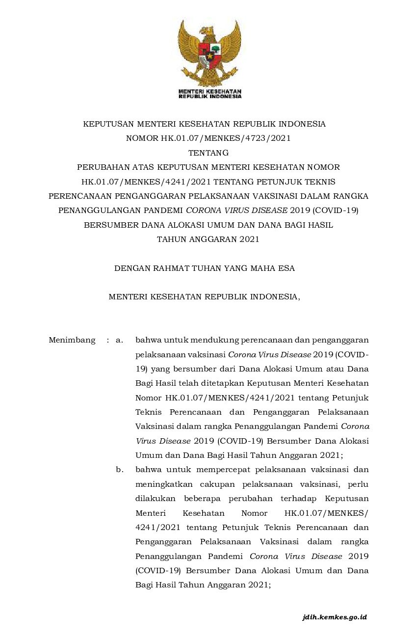 Keputusan Menteri Kesehatan No HK.01.07/MENKES/4723/2021 Tahun 2021 ...