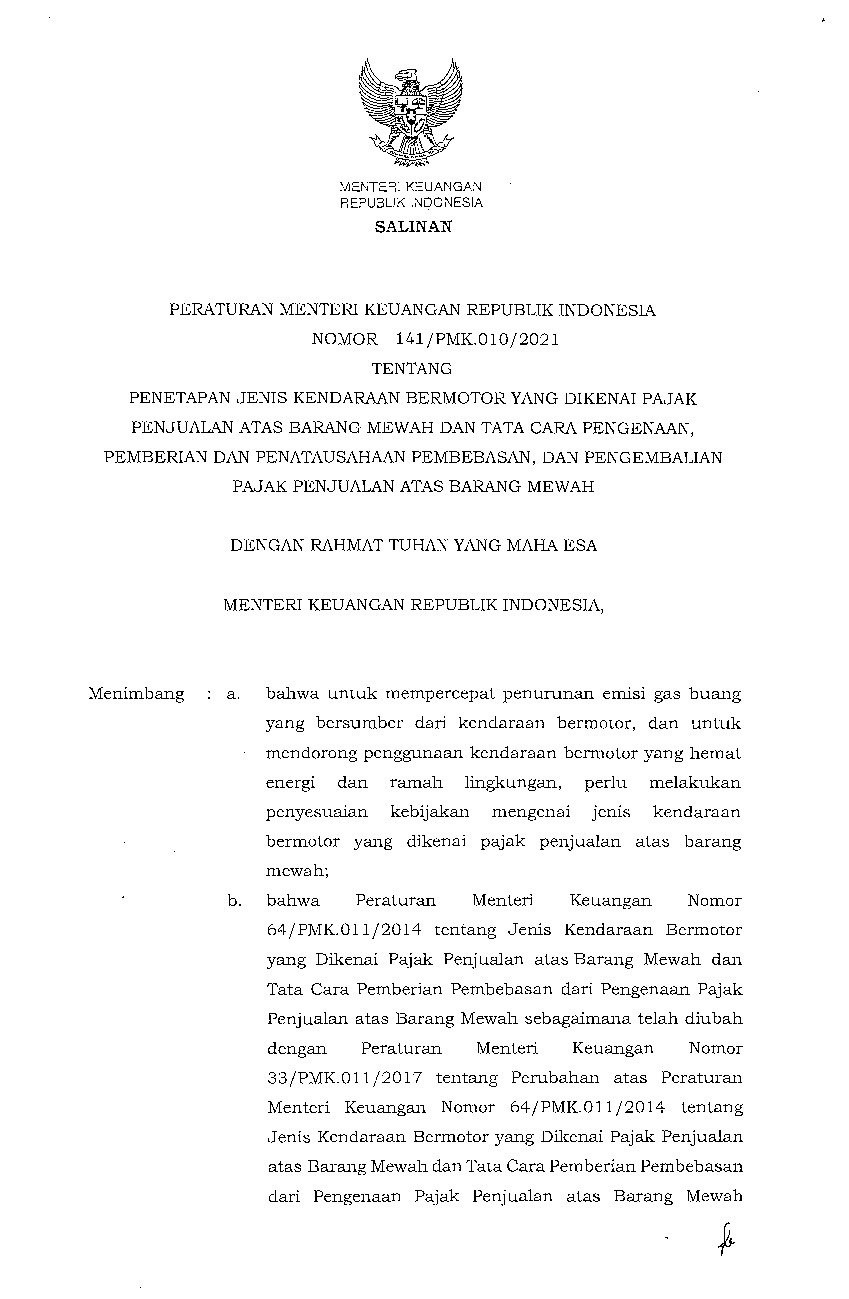 Peraturan Menteri Keuangan No 141/PMK.010/2021 Tahun 2021 Tentang ...