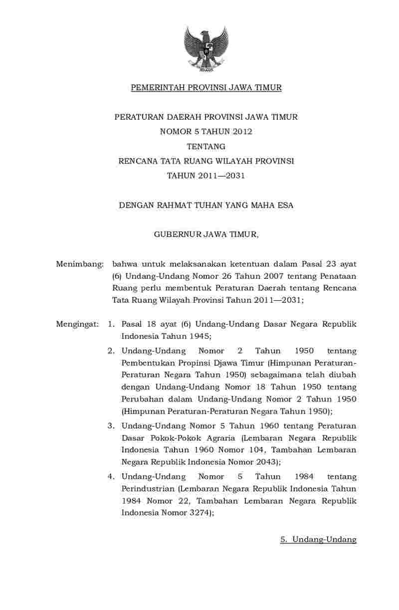 Peraturan Daerah Provinsi Jawa Timur No 5 tahun 2012 tentang Rencana Tata Ruang Wilayah Provinsi Tahun 2011-2031