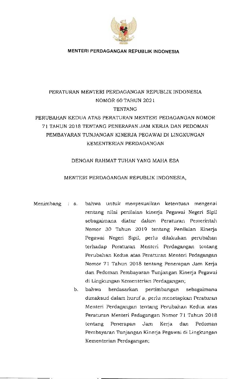 Peraturan Menteri Perdagangan No 60 Tahun 2021 Tentang Perubahan Kedua Atas Peraturan Menteri