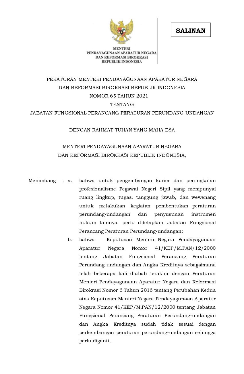 Peraturan Menteri Negara Pendayagunaan Aparatur Negara Dan Reformasi ...