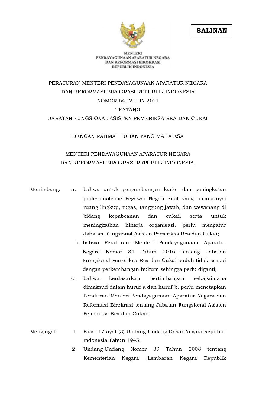 Peraturan Menteri Negara Pendayagunaan Aparatur Negara Dan Reformasi ...