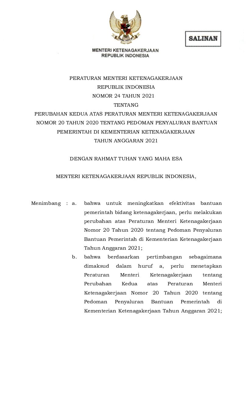 Peraturan Menteri Ketenagakerjaan No 24 Tahun 2021 Tentang Perubahan