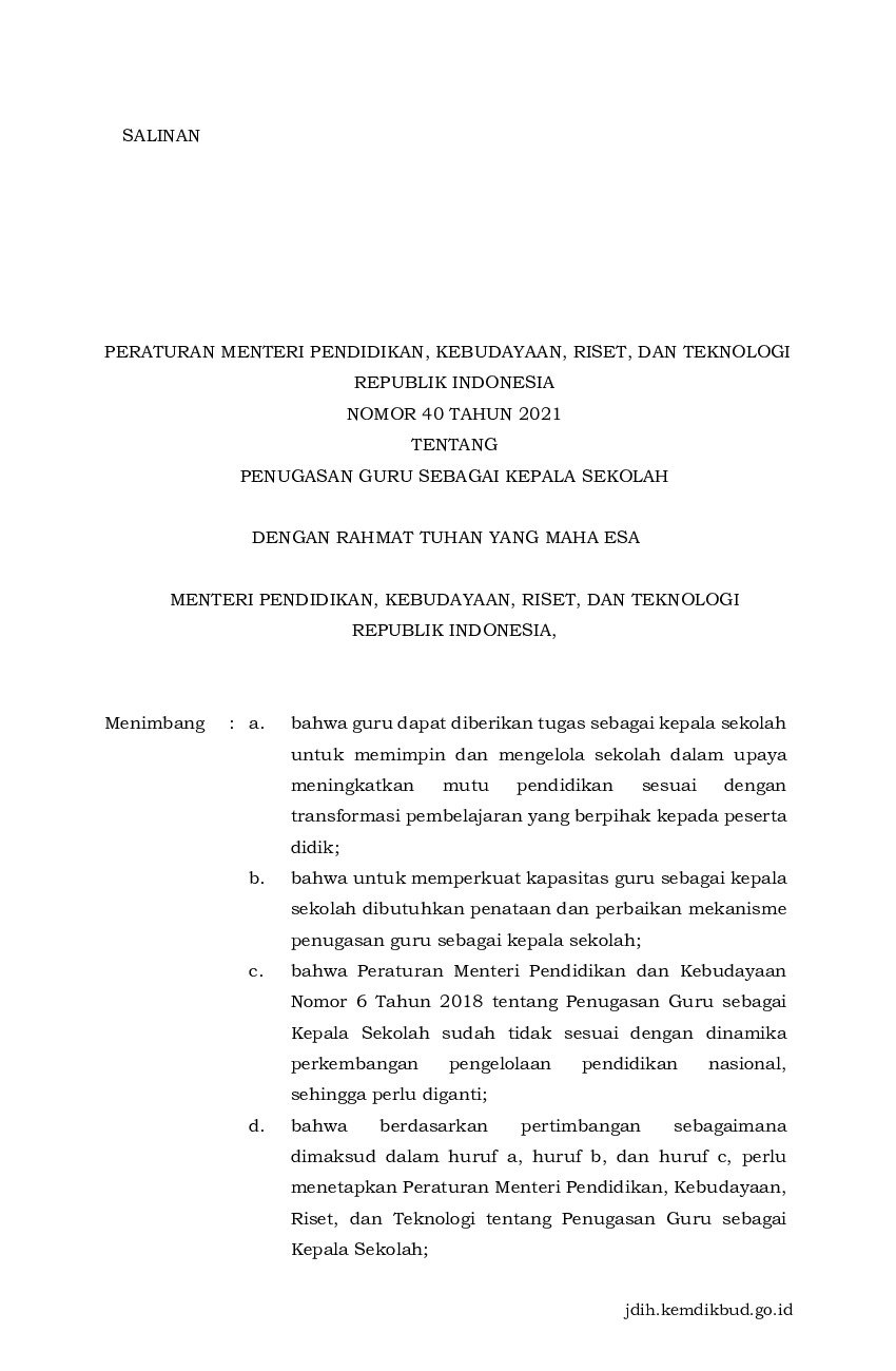 Peraturan Menteri Pendidikan, Kebudayaan, Riset, Dan Teknologi No 40 ...