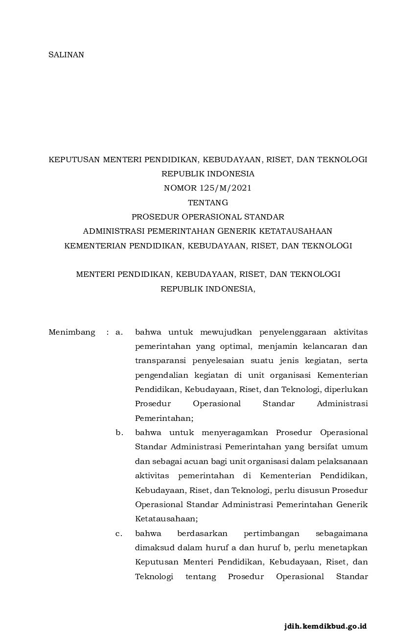 Keputusan Menteri Pendidikan dan Kebudayaan No 125/M/2021 tahun 2021 tentang Prosedur Operasional Standar Administrasi Pemerintahan Generik Ketatausahaan Kementerian Pendidikan, Kebudayaan, Riset, dan Teknologi