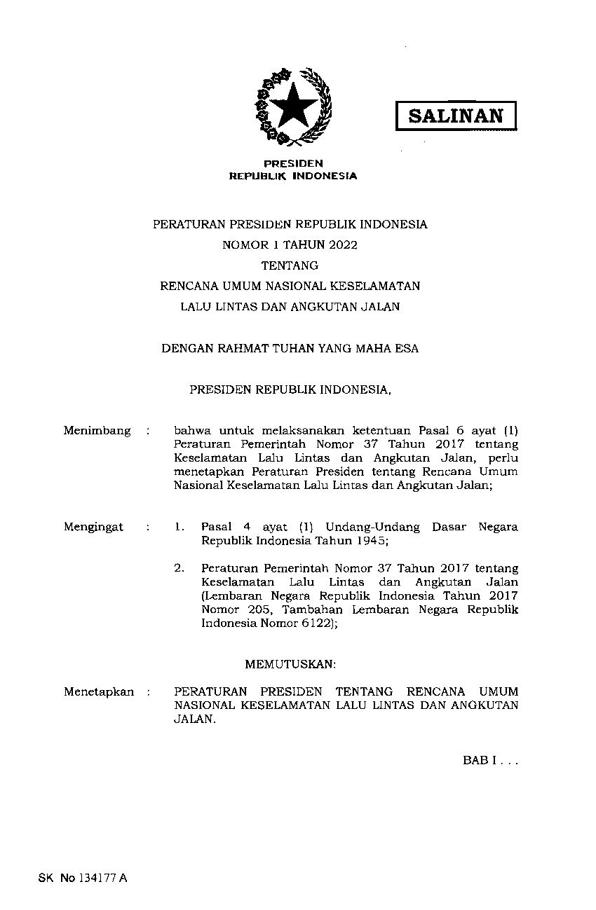 Peraturan Presiden No 1 tahun 2022 tentang Rencana Umum Nasional Keselamatan Lalu Lintas dan Angkutan Jalan