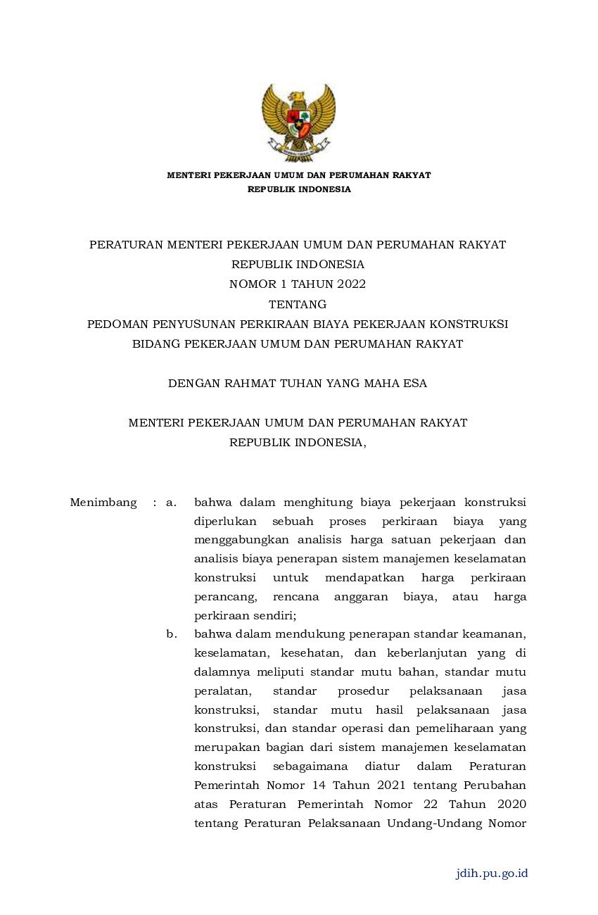 Peraturan Menteri Pekerjaan Umum Dan Perumahan Rakyat No 1 Tahun 2022 ...