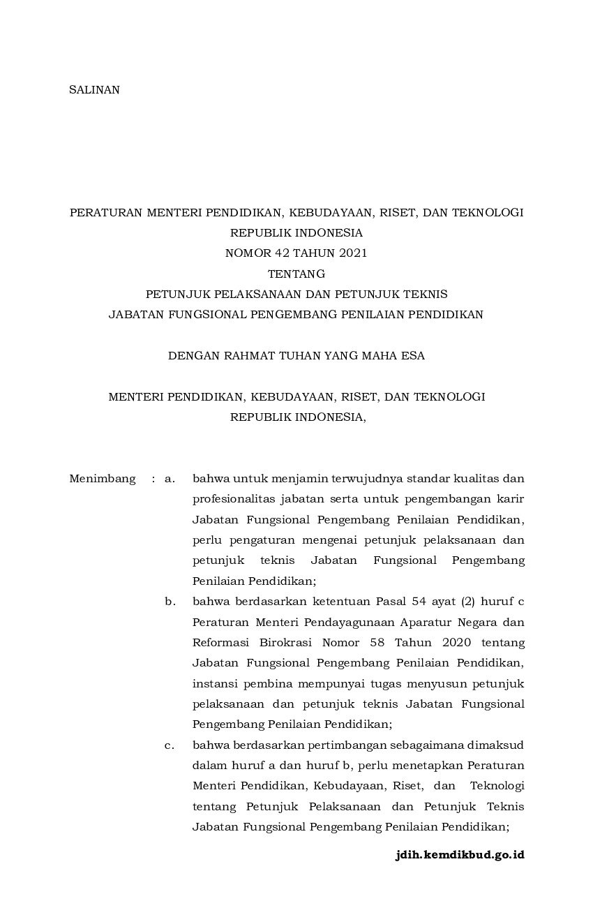 Peraturan Menteri Pendidikan, Kebudayaan, Riset, Dan Teknologi No 42 ...