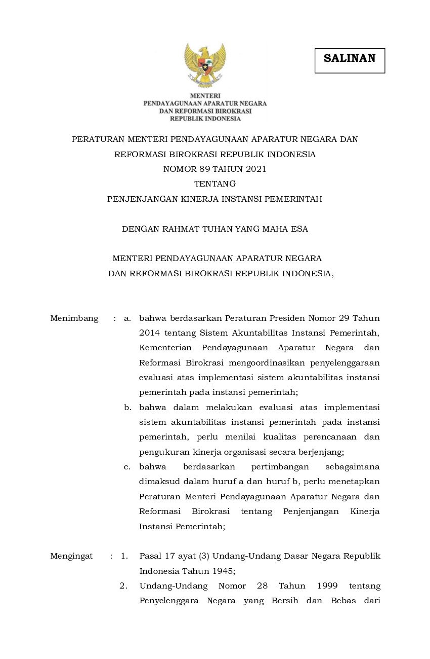 Peraturan Menteri Negara Pendayagunaan Aparatur Negara Dan Reformasi ...