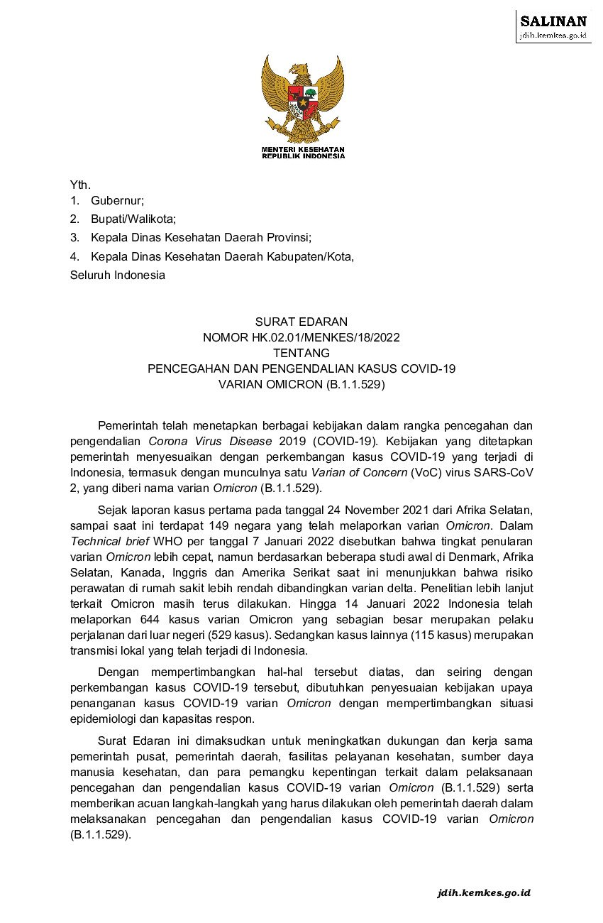 Surat Edaran Menteri Kesehatan No HK.02.01/MENKES/18/2022 Tahun 2022 ...