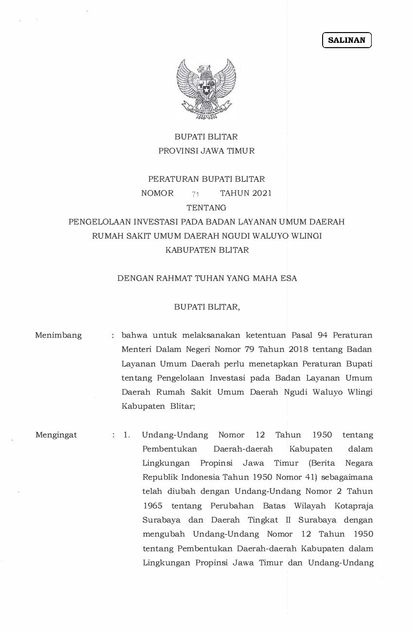 Peraturan Bupati Blitar No 71 tahun 2021 tentang Pengelolaan Investasi pada Badan Layanan Umum Daerah Rumah Sakit Umum Daerah Ngudi Waluyo Wlingi Kabupaten Blitar