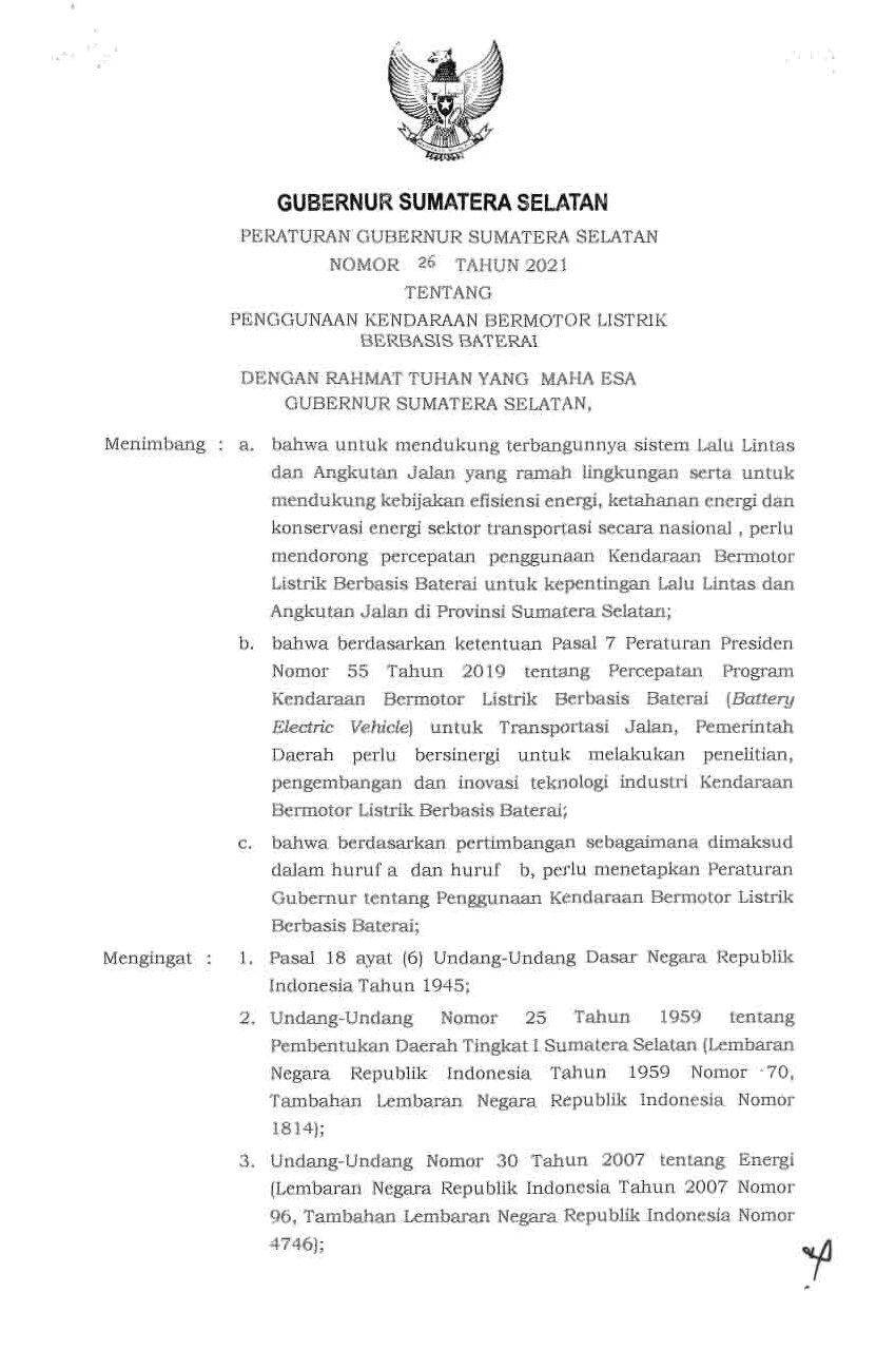 Peraturan Gubernur Sumatera Selatan No 26 tahun 2021 tentang Penggunaan Kendaraan Bermotor Listrik Berbasis Baterai