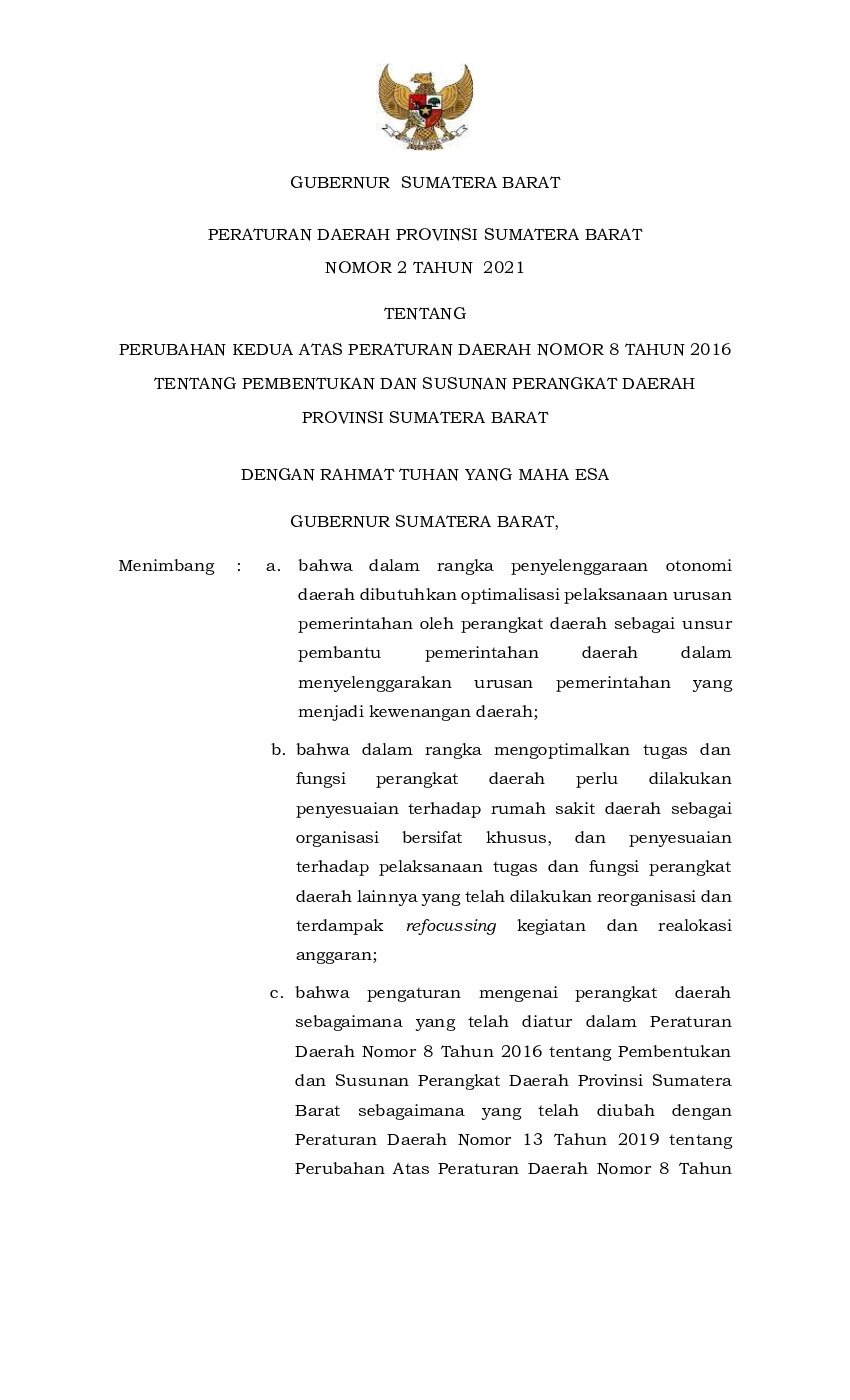 Peraturan Daerah Provinsi Sumatera Barat No 2 Tahun 2021 Tentang