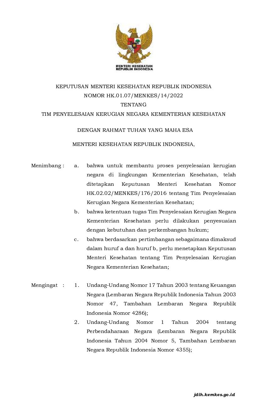 Keputusan Menteri Kesehatan No HK.01.07/MENKES/14/2022 Tahun 2022 ...