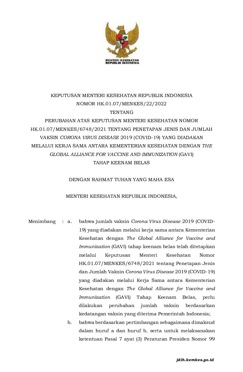 Keputusan Menteri Kesehatan No HK.01.07/MENKES/22/2022 Tahun 2022 ...