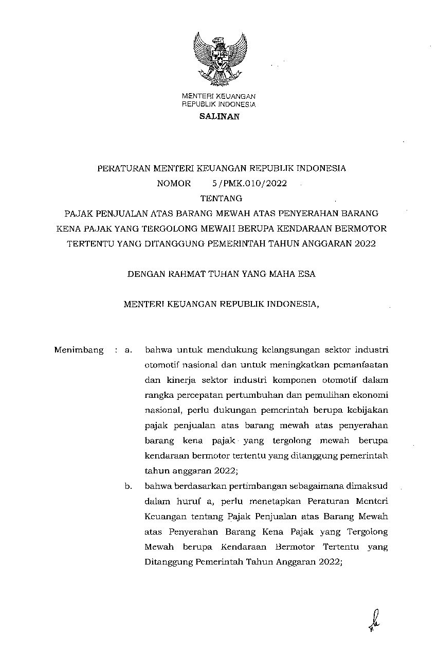 Peraturan Menteri Keuangan No 5/PMK.010/2022 Tahun 2022 Tentang Pajak ...