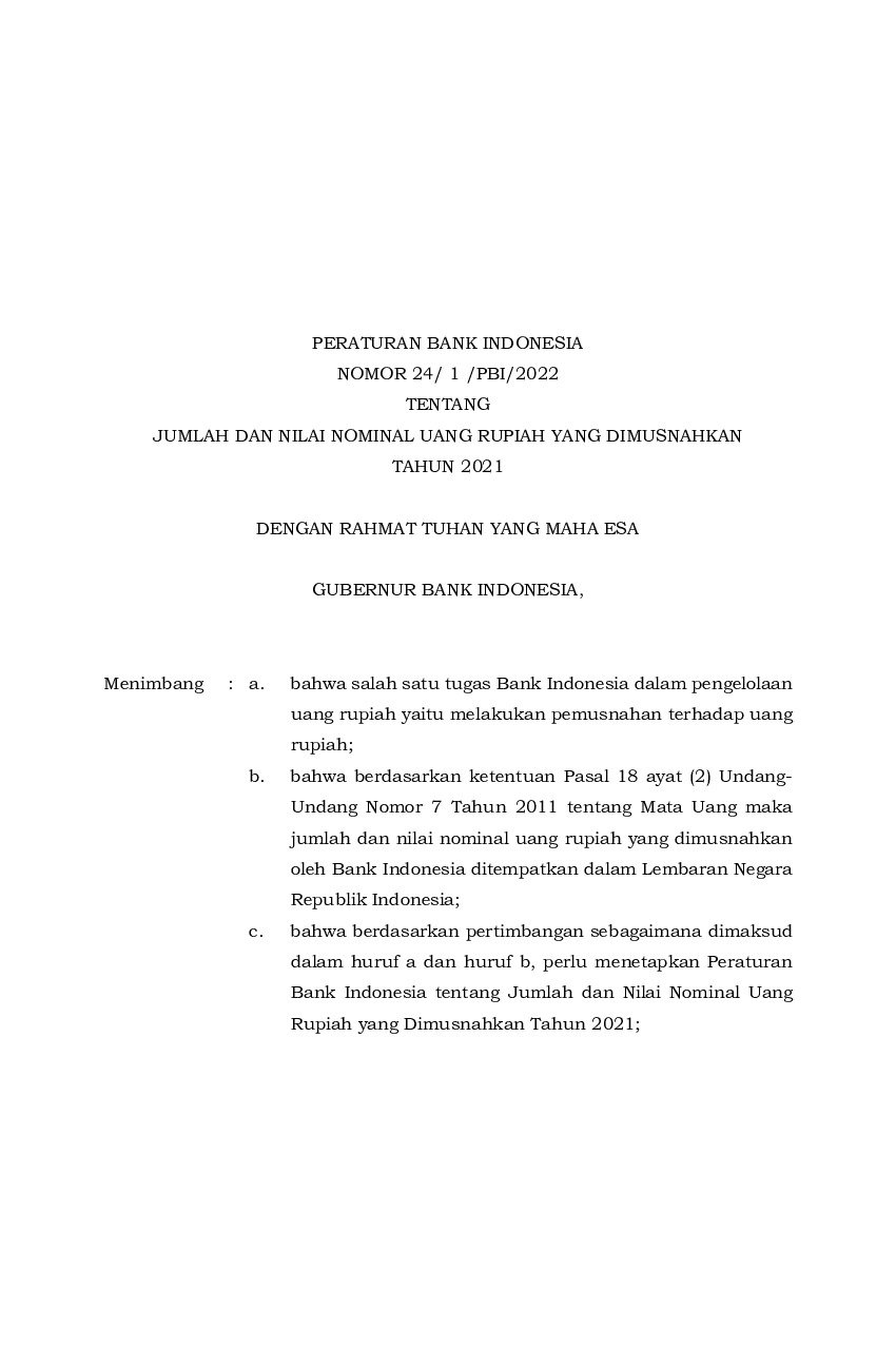 Peraturan Bank Indonesia No 24/1/PBI/2022 Tahun 2022 Tentang Jumlah Dan ...