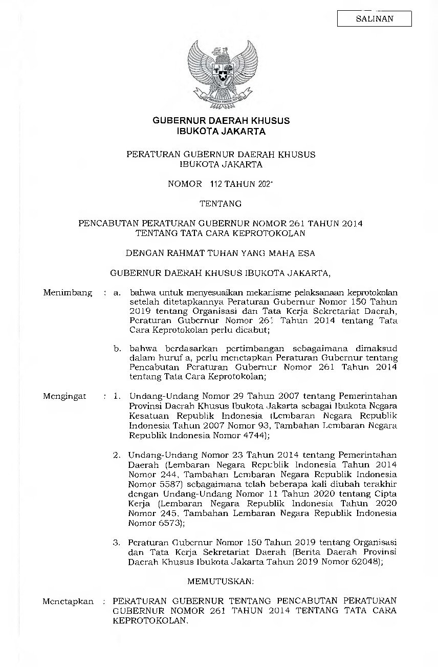 Peraturan Gubernur DKI Jakarta No 112 tahun 2021 tentang Pencabutan Peraturan Gubernur Nomor 261 Tahun 2014 Tentang Tata Cara Keprotokolan