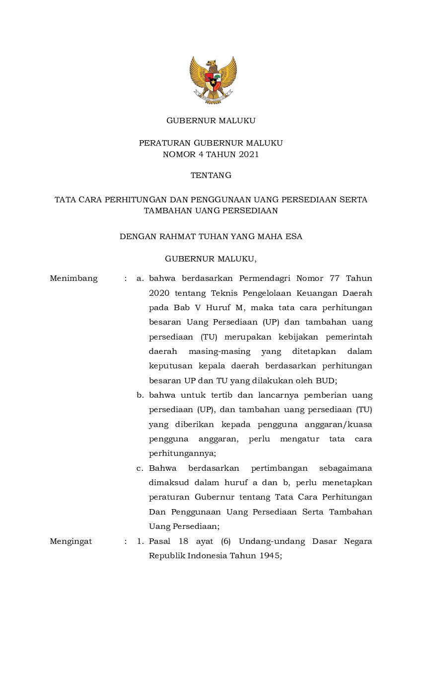 Peraturan Gubernur Maluku No 4 Tahun 2021 Tentang Tata Cara Perhitungan Dan Penggunaan Uang