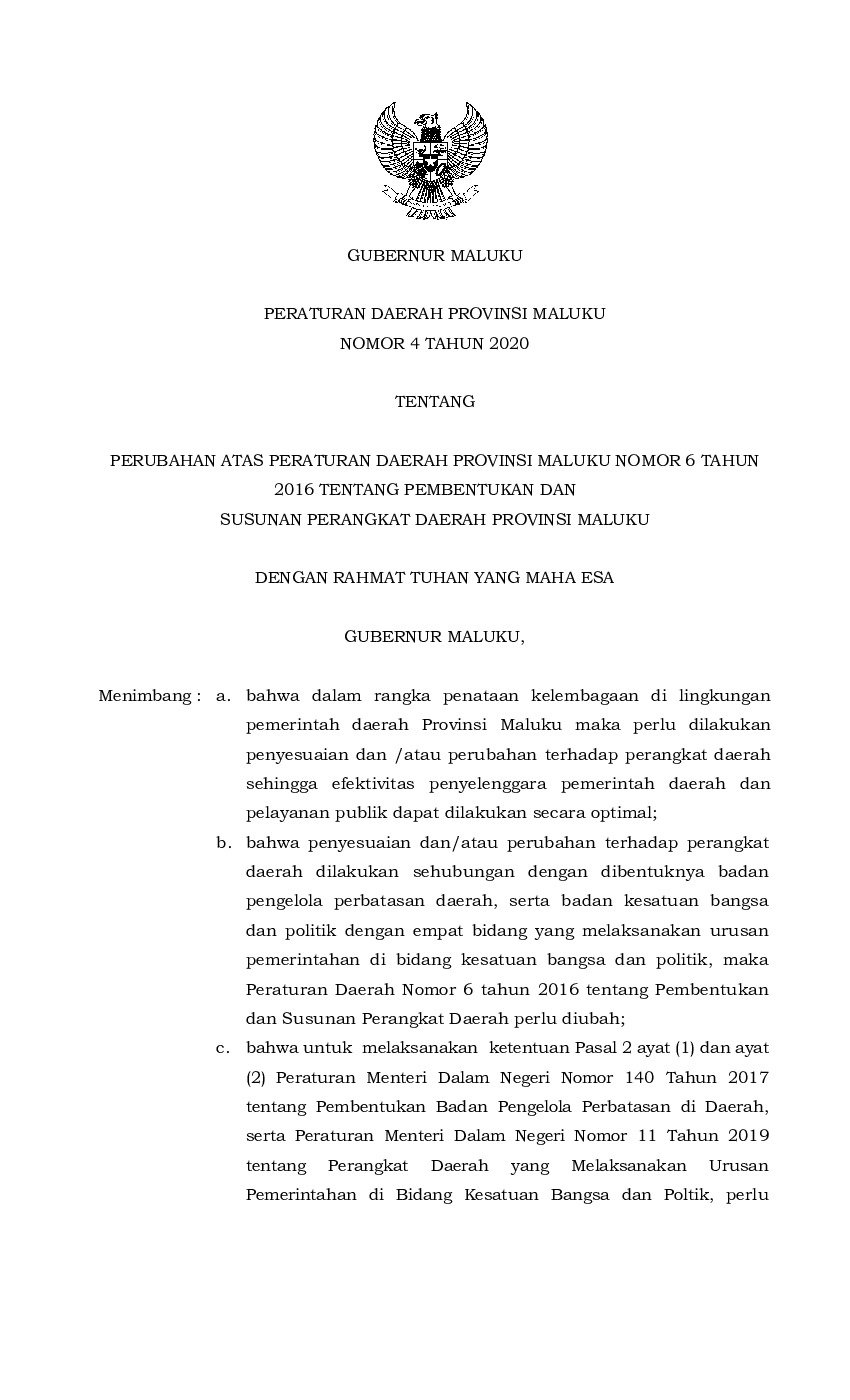 Peraturan Daerah Provinsi Maluku No 4 Tahun 2020 Tentang Perubahan Atas Peraturan Daerah