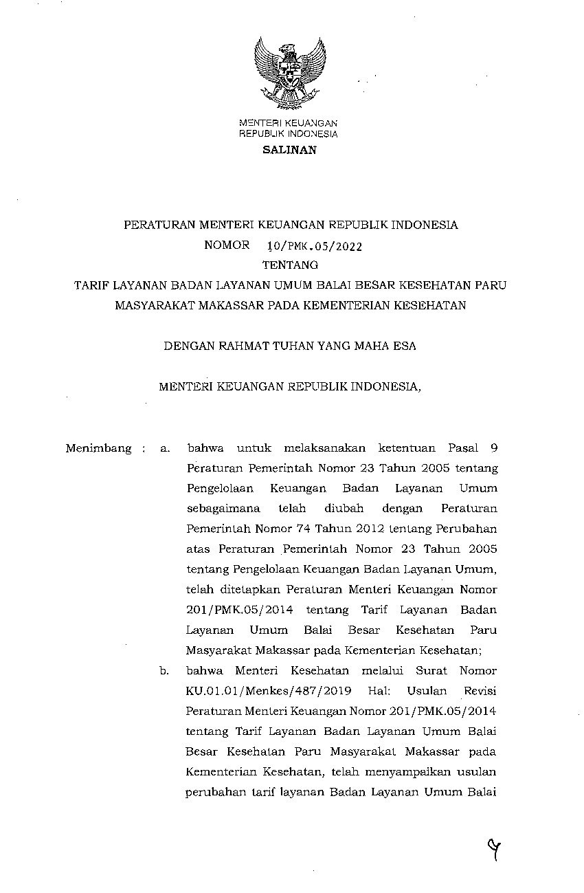 Peraturan Menteri Keuangan No 10/PMK.05/2022 Tahun 2022 Tentang Tarif ...