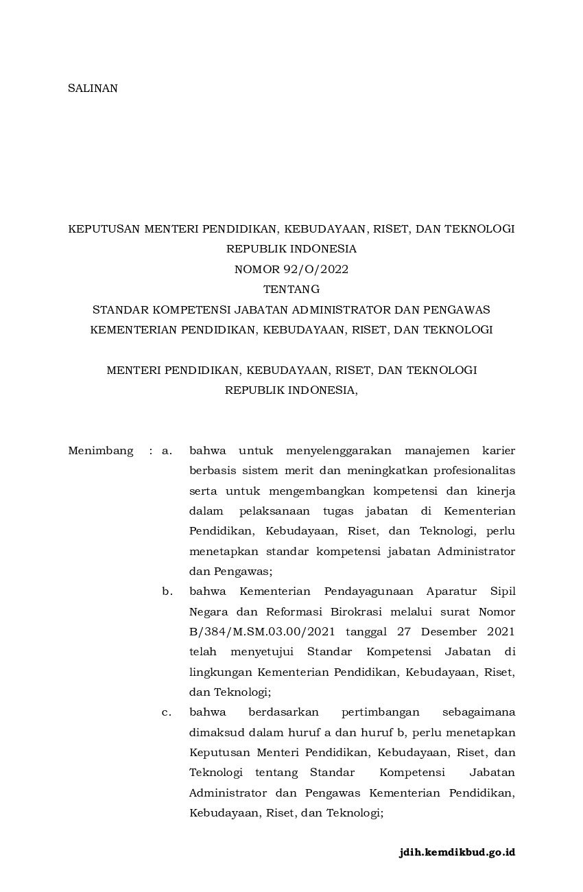 Keputusan Menteri Pendidikan, Kebudayaan, Riset, Dan Teknologi No 92/O ...