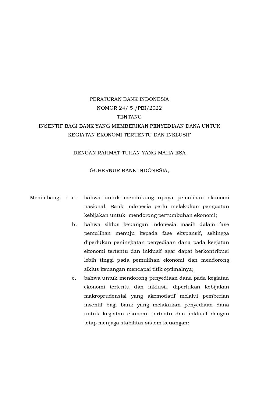 Peraturan Bank Indonesia No 24/5/PBI/2022 Tahun 2022 Tentang Insentif ...