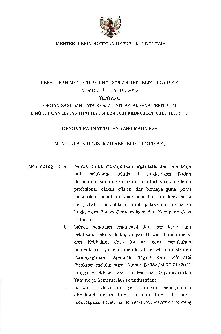 Peraturan Menteri Perindustrian No 1 Tahun 2022 Tentang Organisasi Dan ...