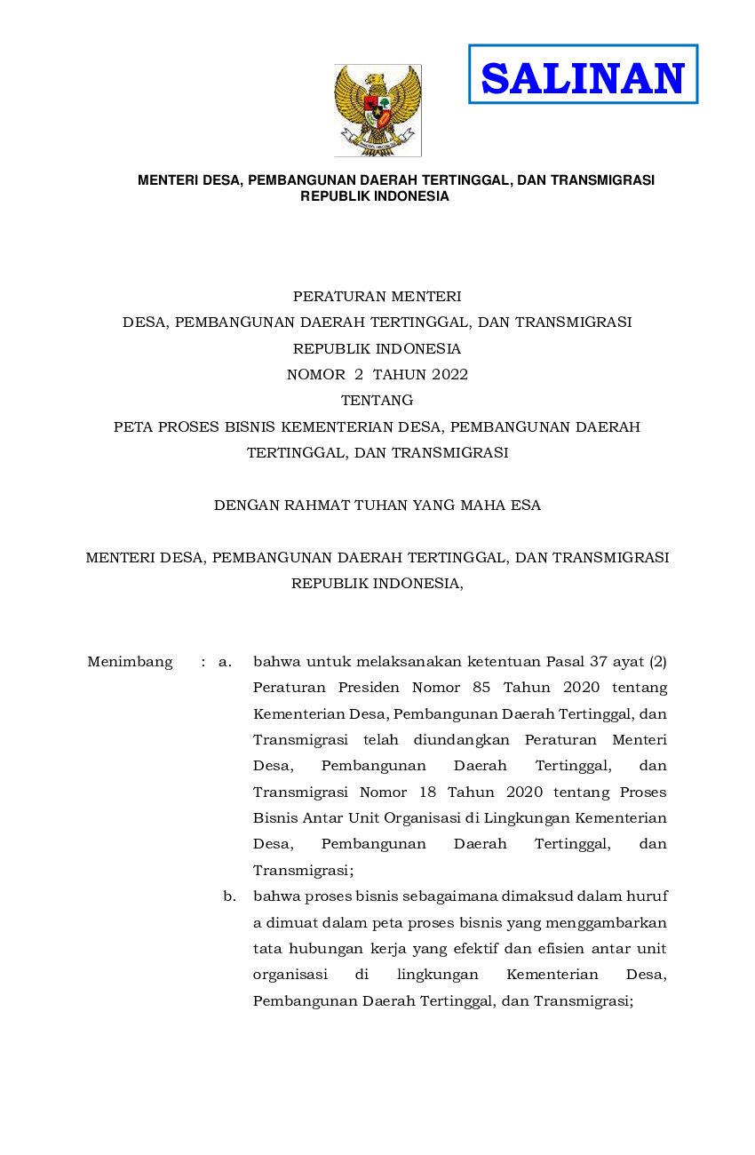 Peraturan Menteri Desa, Pembangunan Daerah Tertinggal, Dan Transmigrasi No 2 tahun 2022 tentang Peta Proses Bisnis Kementerian Desa, Pembangunan Daerah Tertinggal, dan Transmigrasi