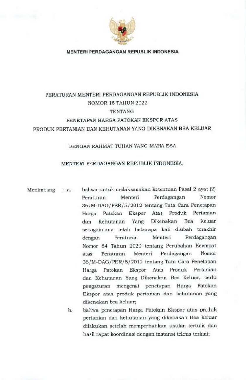 Peraturan Menteri Perdagangan No 15 Tahun 2022 Tentang Penetapan Harga ...