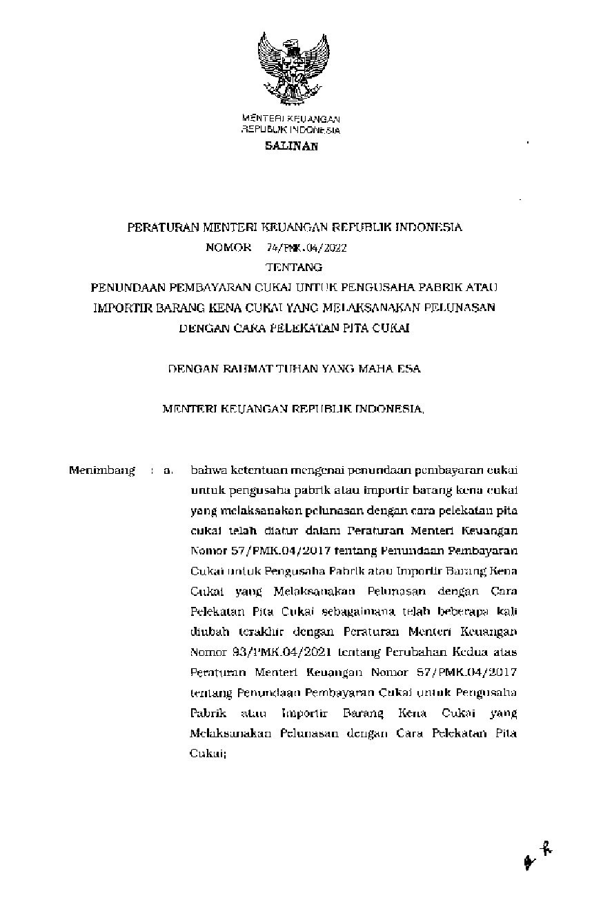 Peraturan Menteri Keuangan No 74/PMK.04/2022 Tahun 2022 Tentang ...