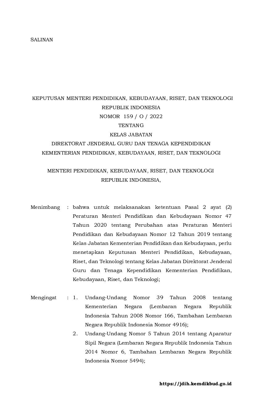 Keputusan Menteri Pendidikan, Kebudayaan, Riset, Dan Teknologi No 159/O ...