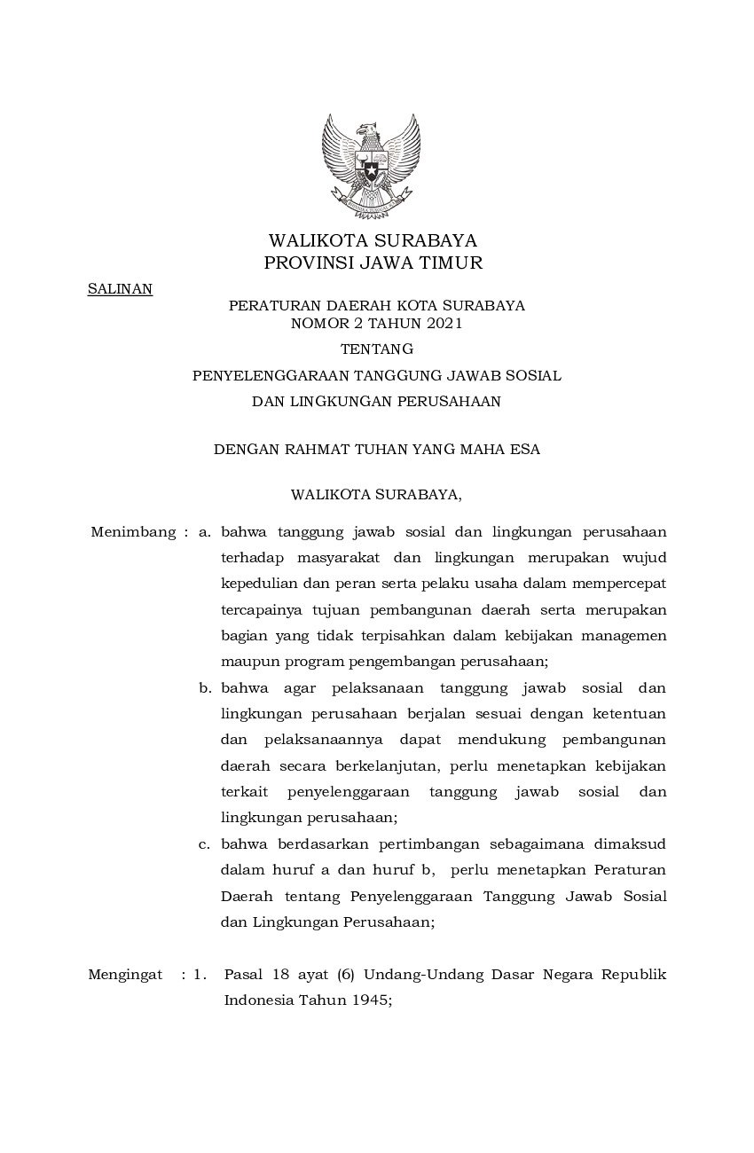 Peraturan Daerah Kota Surabaya No 2 tahun 2021 tentang Penyelenggaraan Tanggung Jawab Sosial dan Lingkungan Perusahaan