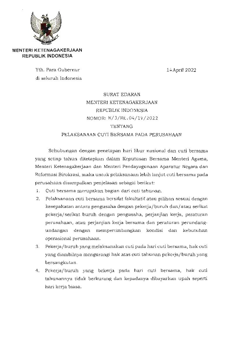 Surat Edaran Menteri Ketenagakerjaan No M3hk04iv2022 Tahun 2022 Tentang Pelaksanaan Cuti 7314