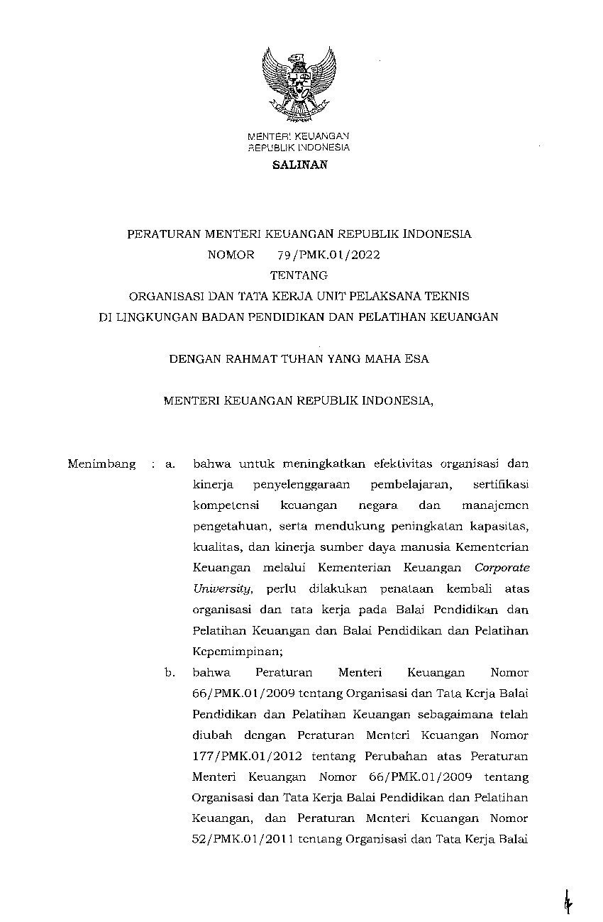 Peraturan Menteri Keuangan No 79pmk012022 Tahun 2022 Tentang Organisasi Dan Tata Kerja Unit