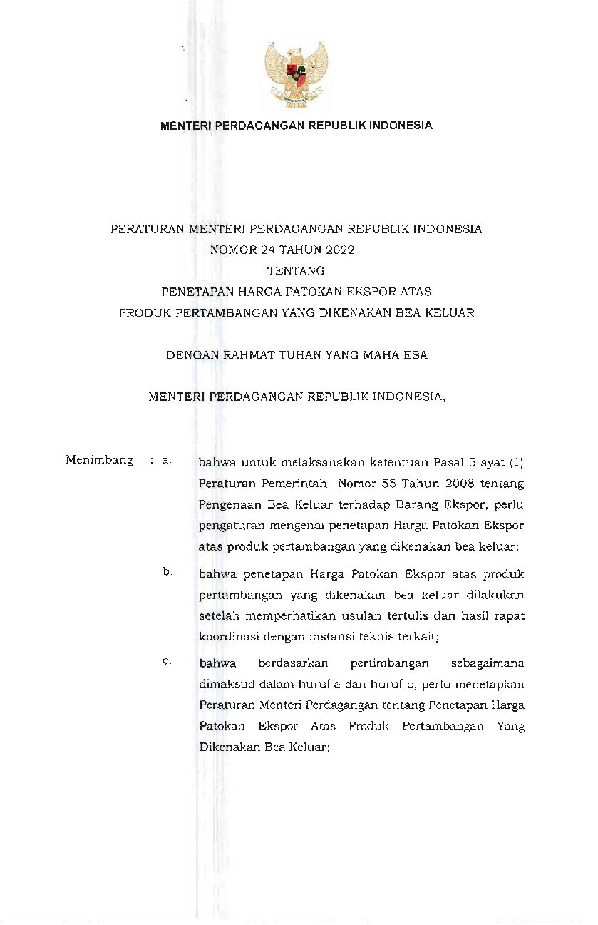 Peraturan Menteri Perdagangan No 24 Tahun 2022 Tentang Penetapan Harga ...