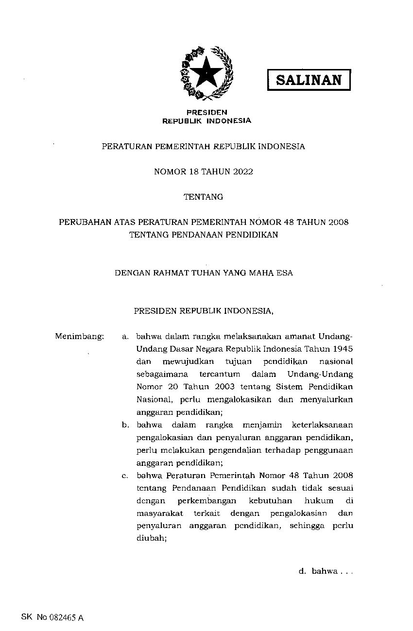 Peraturan Pemerintah No 18 Tahun 2022 Tentang Perubahan Atas Peraturan ...