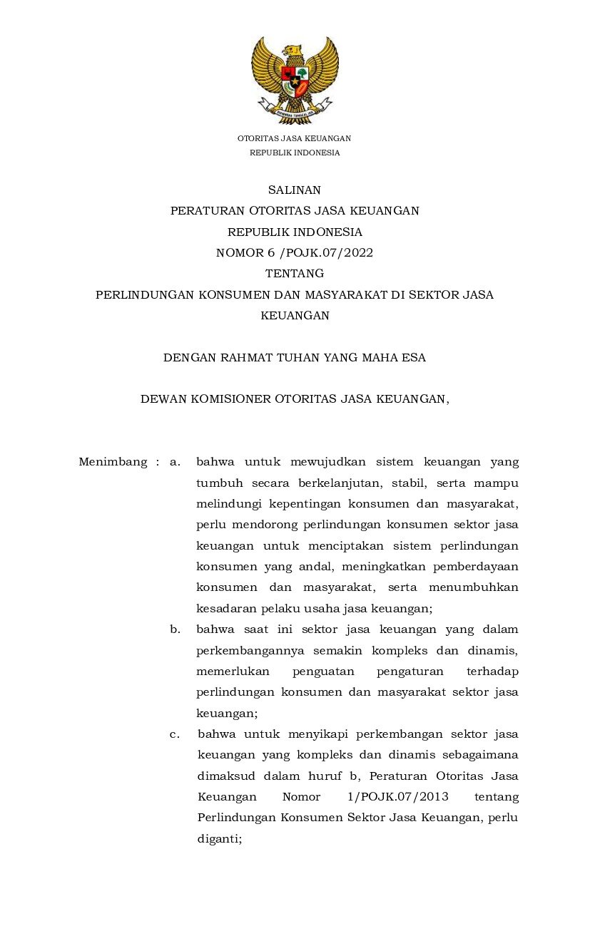 Peraturan Otoritas Jasa Keuangan No 6/POJK.07/2022 Tahun 2022 Tentang ...