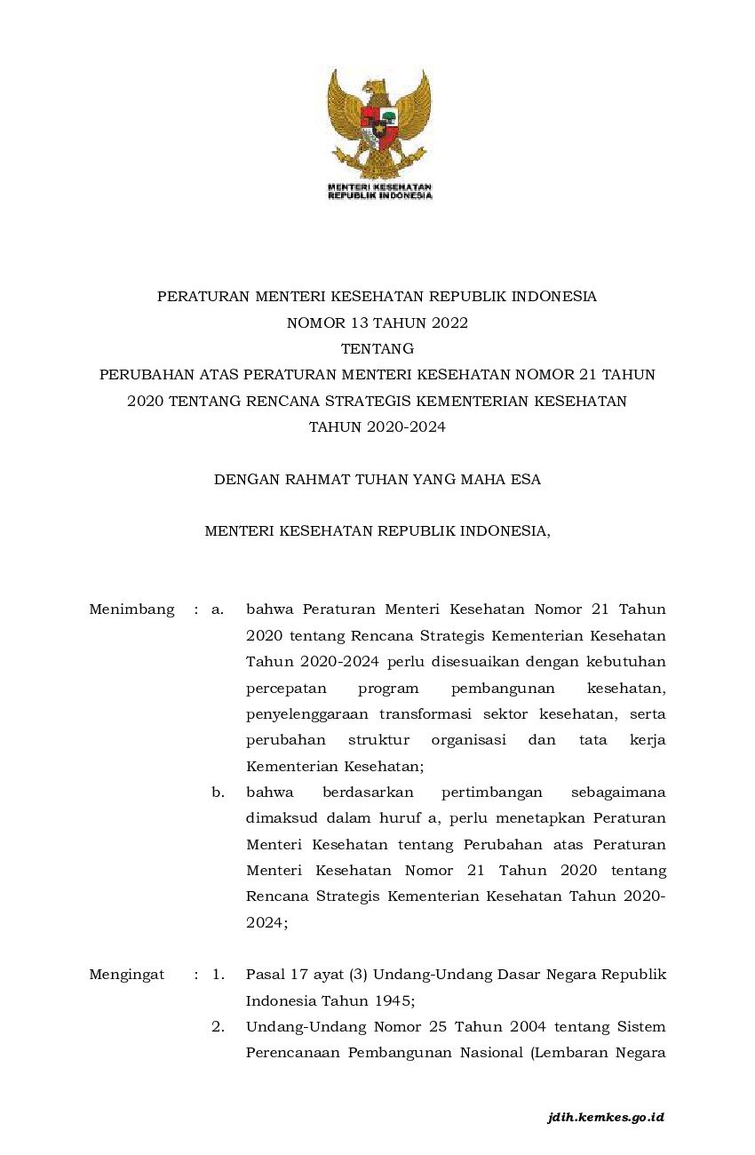 Peraturan Menteri Kesehatan No 13 Tahun 2022 Tentang Perubahan Atas ...