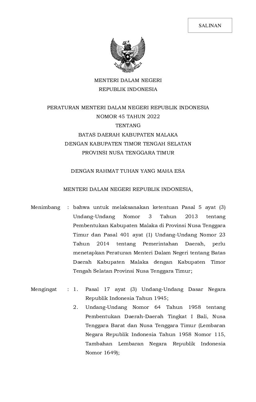 Peraturan Menteri Dalam Negeri No 45 tahun 2022 tentang Batas Daerah Kabupaten Malaka dengan Kabupaten Timor Tengah Selatan Provinsi Nusa Tenggara Timur