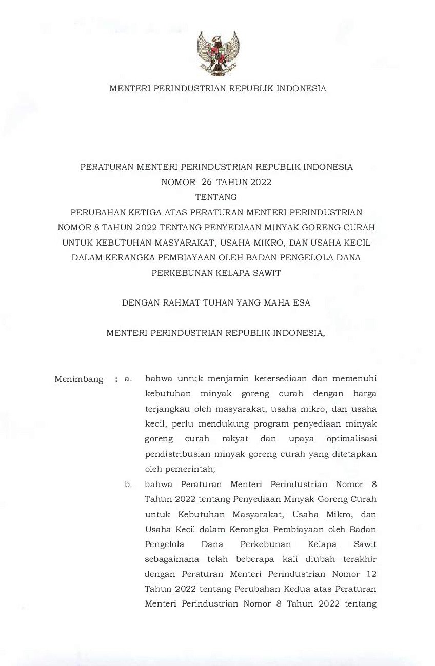 Peraturan Menteri Perindustrian No 26 Tahun 2022 Tentang Perubahan ...