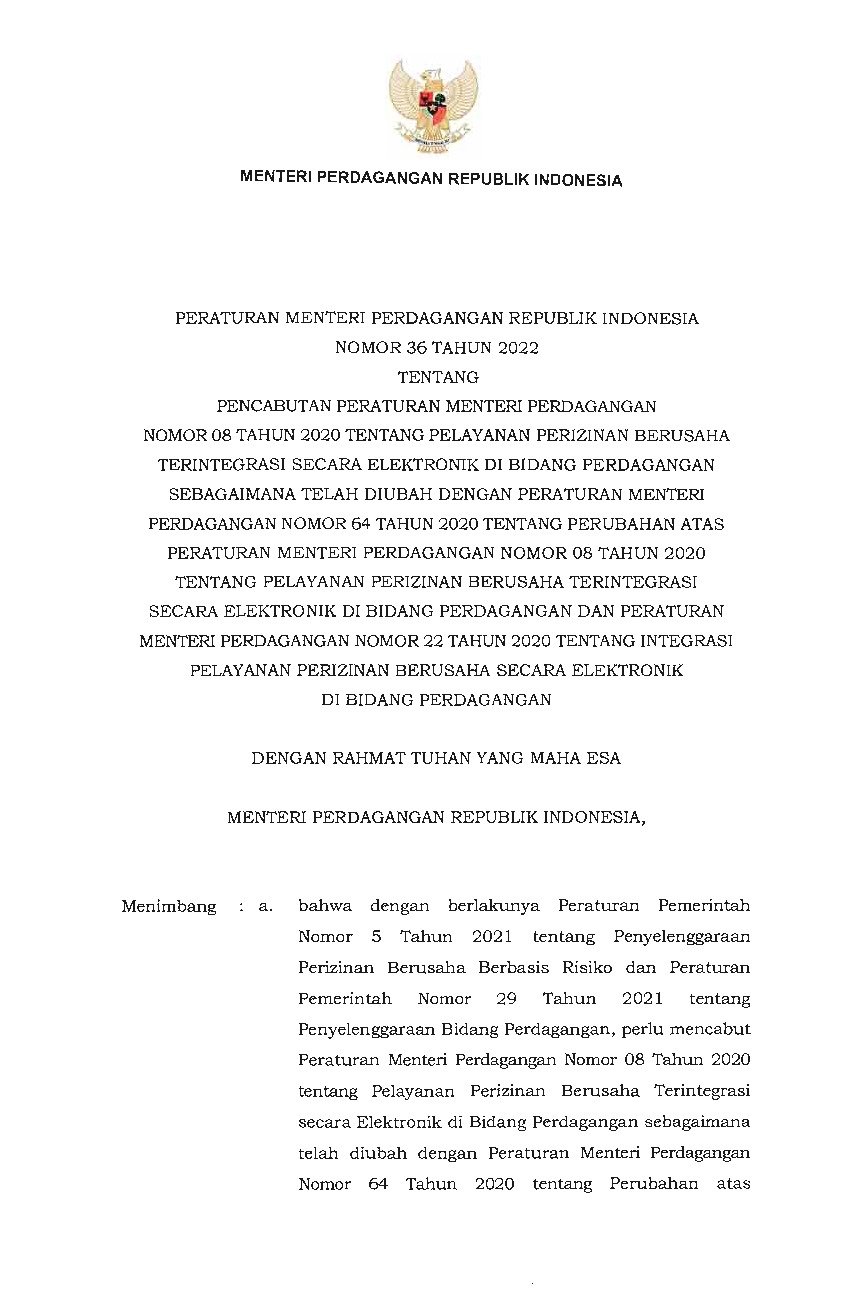 Peraturan Menteri Perdagangan No 36 Tahun 2022 Tentang Pencabutan ...