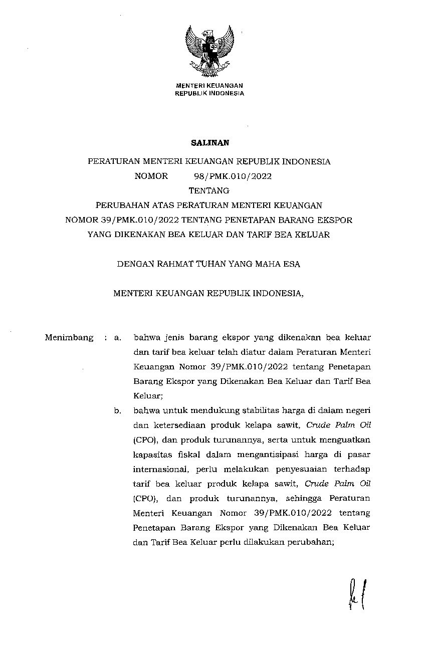 Peraturan Menteri Keuangan No 98/PMK.010/2022 Tahun 2022 Tentang ...