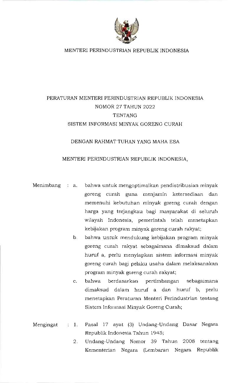 Peraturan Menteri Perindustrian No 27 Tahun 2022 Tentang Sistem ...