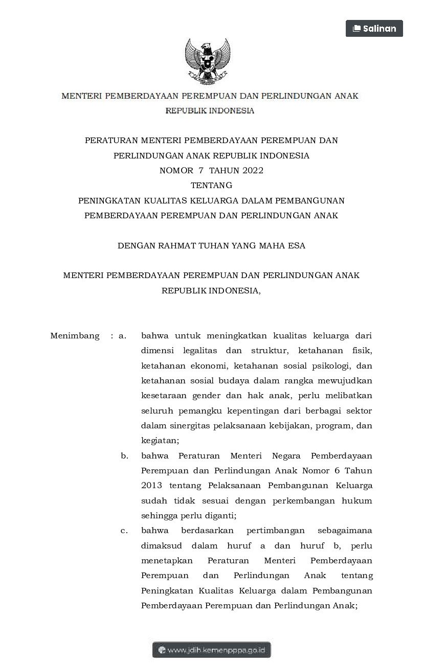 Peraturan Menteri Negara Pemberdayaan Perempuan Dan Perlindungan Anak No 7 tahun 2022 tentang Peningkatan Kualitas Keluarga dalam Pembangunan Pemberdayaan Perempuan dan Perlindungan Anak