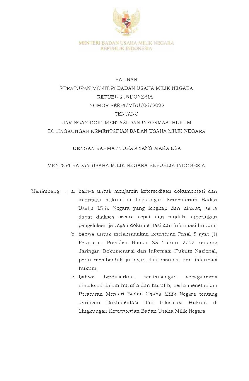 Peraturan Menteri BUMN No PER-4/MBU/ 06/2022 Tahun 2022 Tentang ...