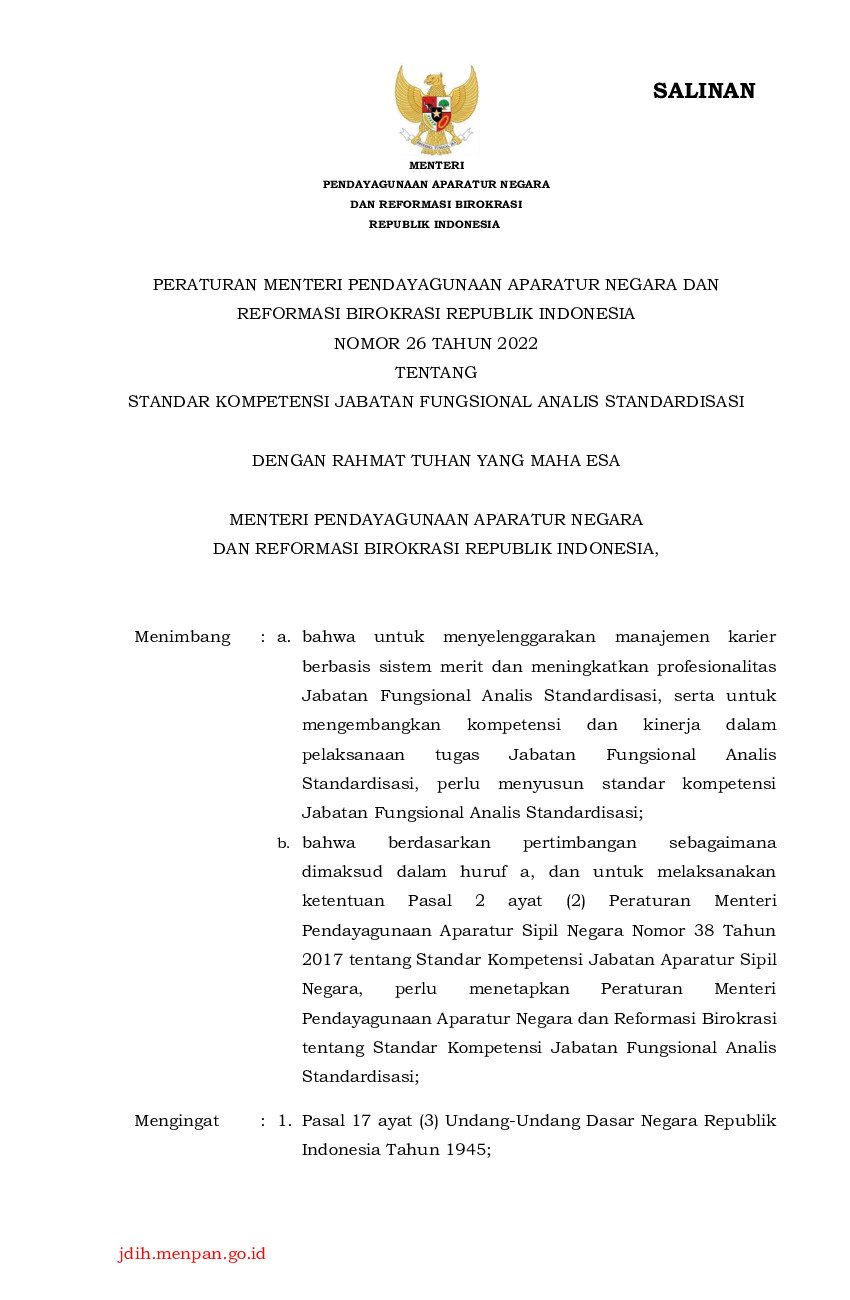 Peraturan Menteri Negara Pendayagunaan Aparatur Negara Dan Reformasi Birokrasi No Tahun