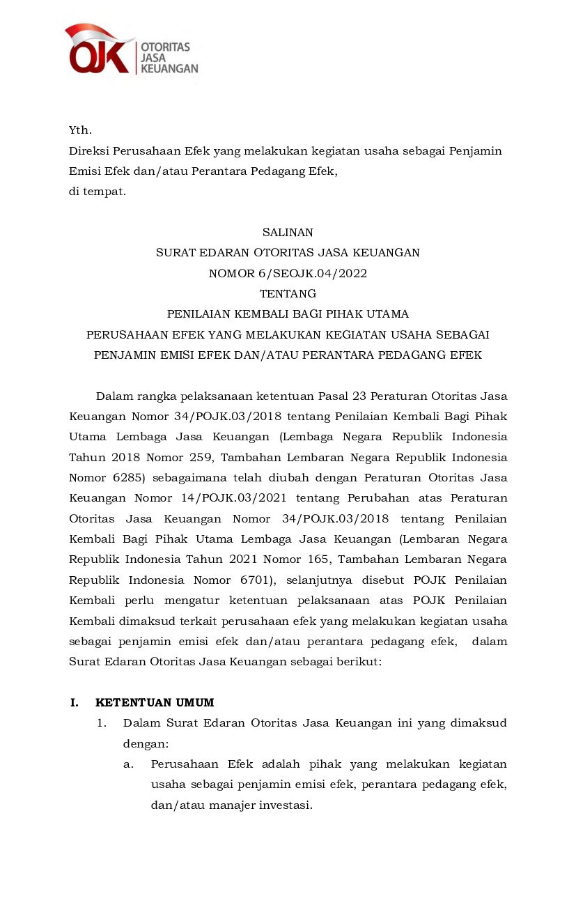 Surat Edaran Otoritas Jasa Keuangan No 6/SEOJK.04/2022 Tahun 2022 ...