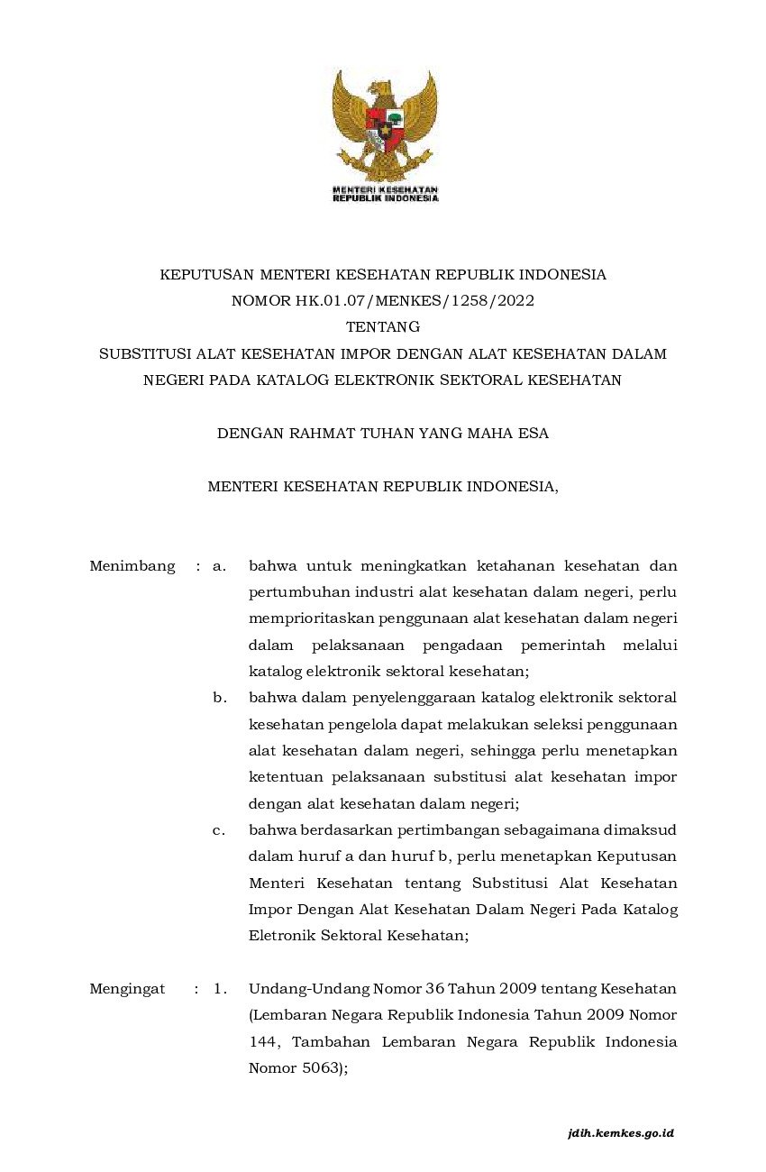 Keputusan Menteri Kesehatan No HK.01.07/MENKES/1258/2022 Tahun 2022 ...